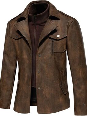 Men's Brown Leather-Effect Jacket with Inner Zip Layer/ Serremo Drifter Jacket